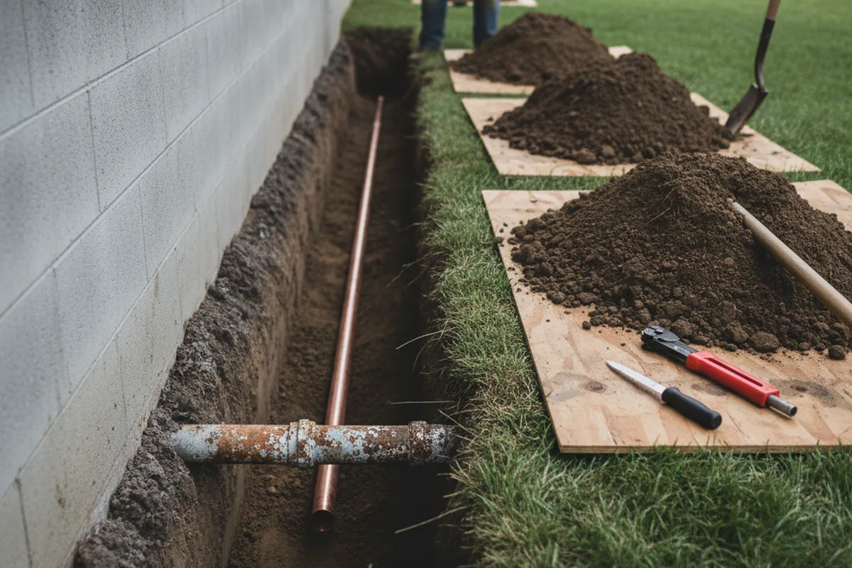 Excavated water line trench during Water Softener Installation in Valentines